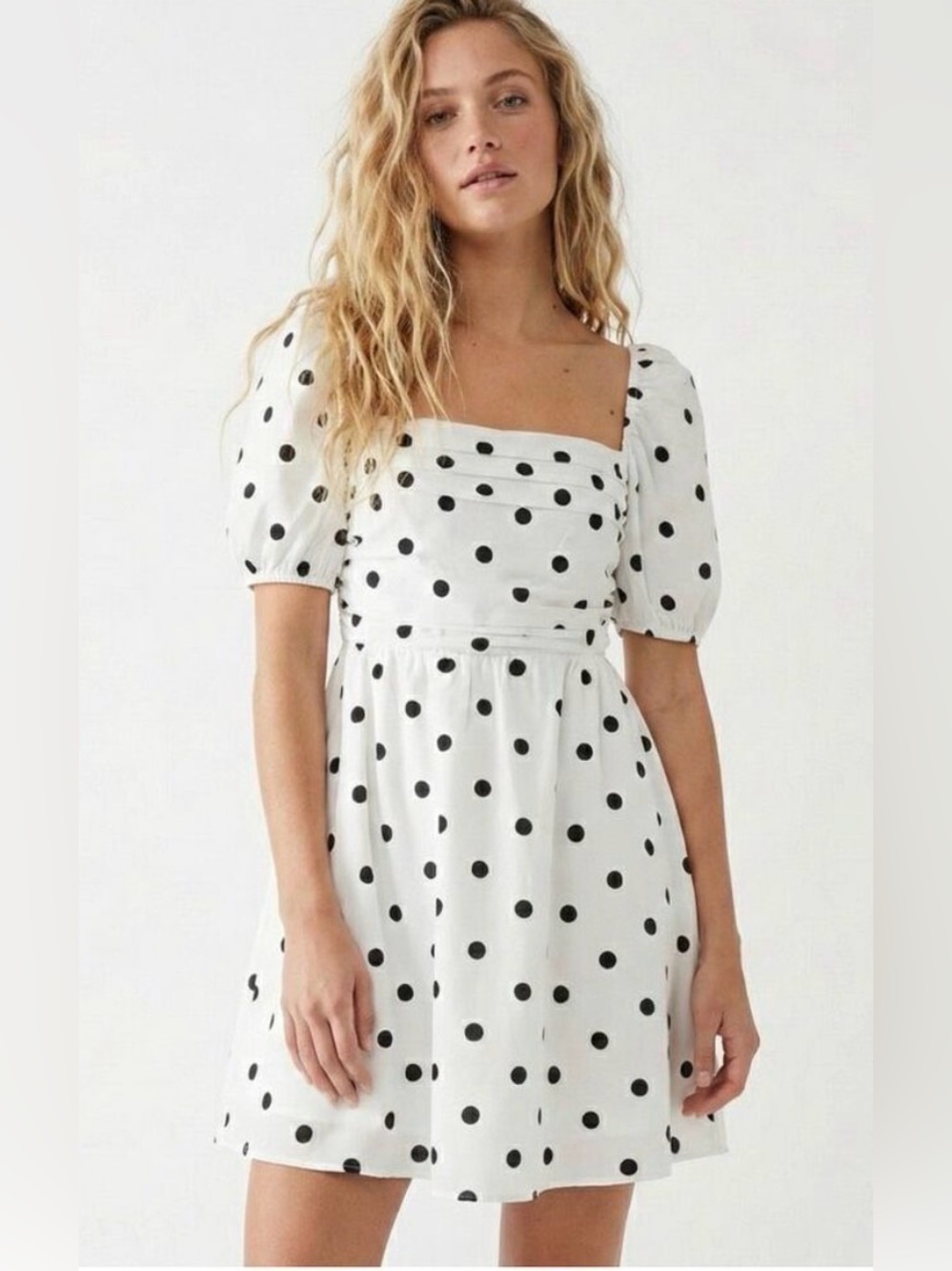 Opt River Pleated Puff Sleeve Mini Dress White Polka Dot 100% Cotton Pockets M